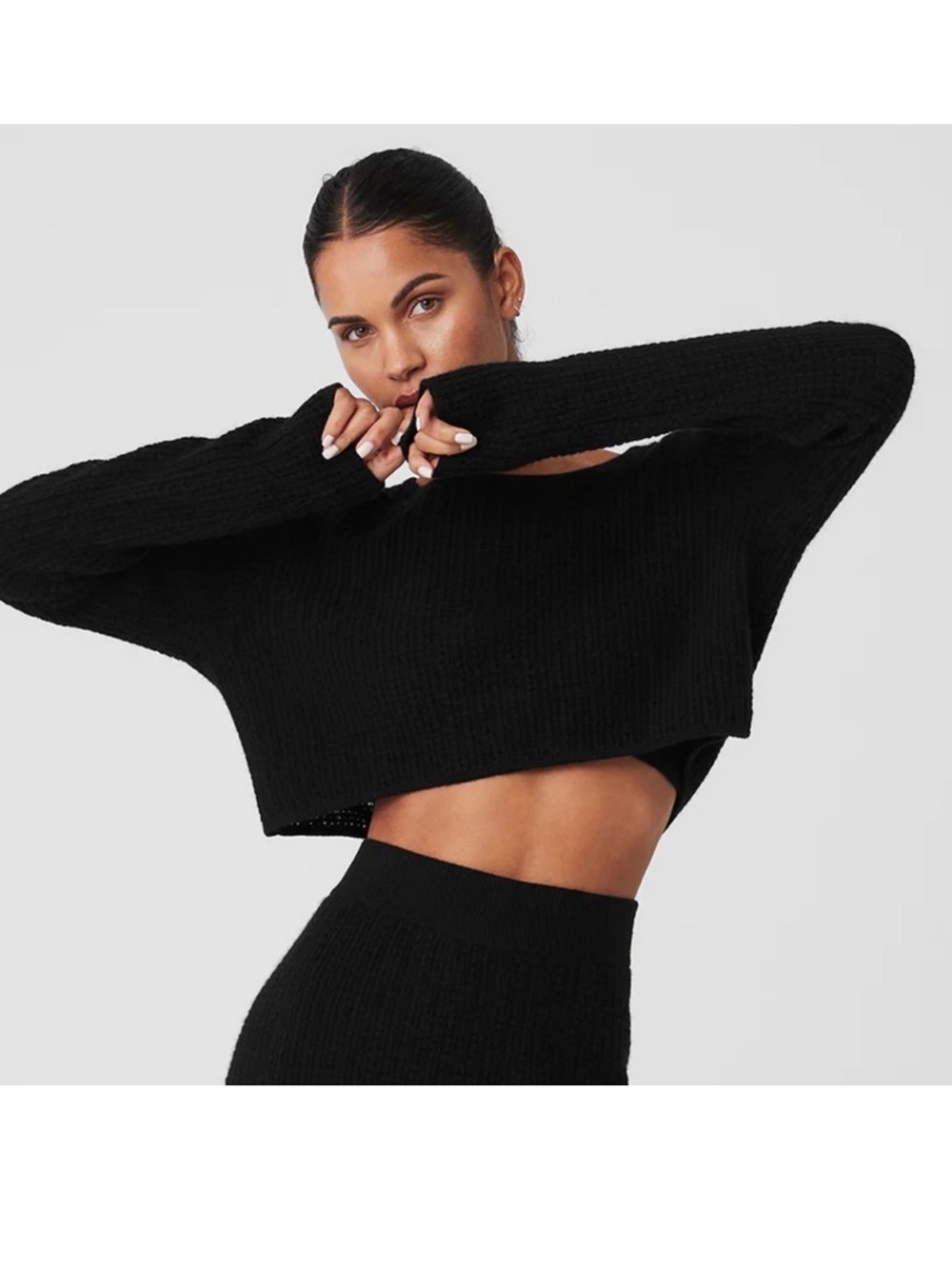 ALO Cashmere Plush Waffle Cropped Long Sleeve Sweater Black Soft MSRP $298 Sz Me